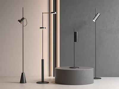 Modern Black Floor Lamps With Different Designs In Minimalist Grey Interior Setting 3d model