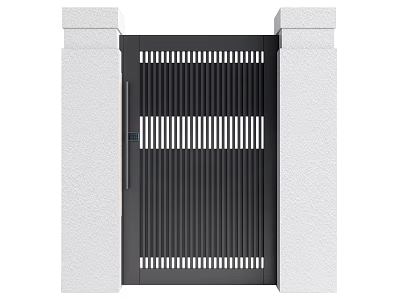 Modern Black Metal Entrance Gate With Vertical Slats And White Pillars 3d model