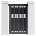 Modern Black Metal Entrance Gate With Vertical Slats And White Pillars