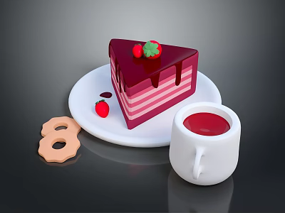 Strawberry Cake with Red Frosting and Strawberries on White Plate with Red Drink and Cookie 3d model