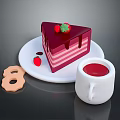Strawberry Cake with Red Frosting and Strawberries on White Plate with Red Drink and Cookie