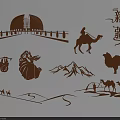 Xinjiang Style Wall Decor Featuring Camel Mountain Carriage Silhouette Brown Design Elements 3d model