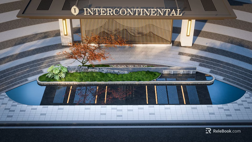 Feature Wall at InterContinental Hotel Entrance with Water Feature Green Plants and Modern Lighting 3d model 