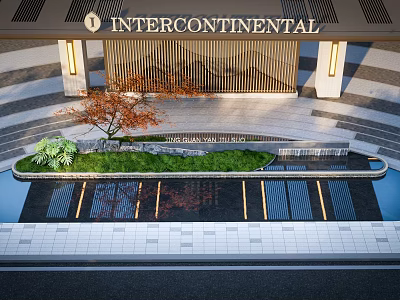 Feature Wall at InterContinental Hotel Entrance with Water Feature Green Plants and Modern Lighting 3d model