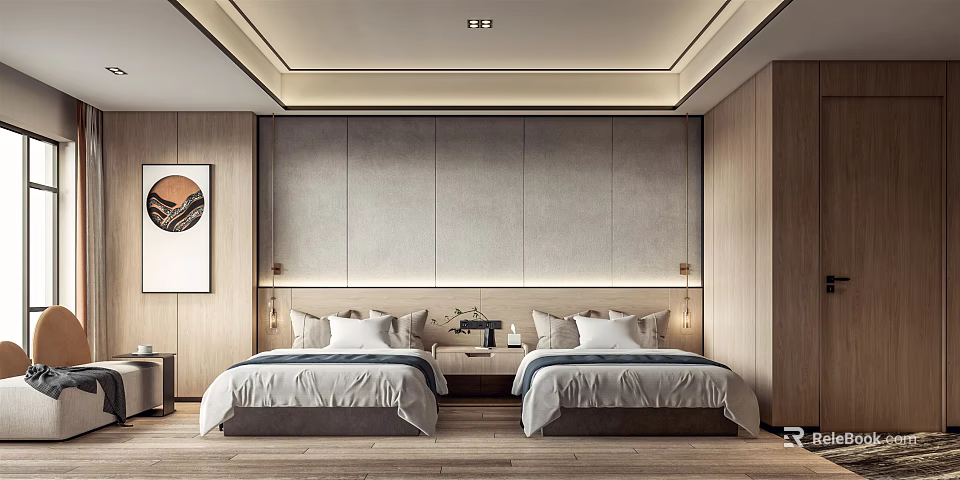 Hotel Room Interior With Twin Beds Wooden Flooring Bedside Lamps And Minimalist Design 3d model 