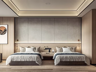 Hotel Room Interior With Twin Beds Wooden Flooring Bedside Lamps And Minimalist Design 3d model