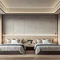 Hotel Room Interior With Twin Beds Wooden Flooring Bedside Lamps And Minimalist Design