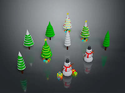 Decorated Christmas Trees With Snowmen And Gift Boxes In Holiday Scene 3d model