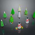 Decorated Christmas Trees With Snowmen And Gift Boxes In Holiday Scene