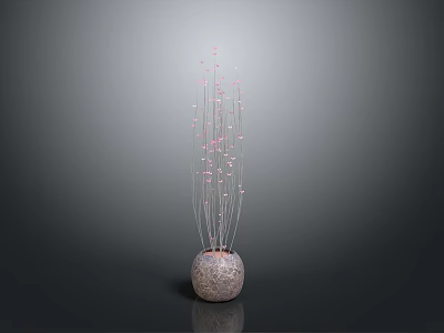 Tall Slender Decorative Plant With Pink Buds In Textured Gray Vase For Modern Interior 3d model