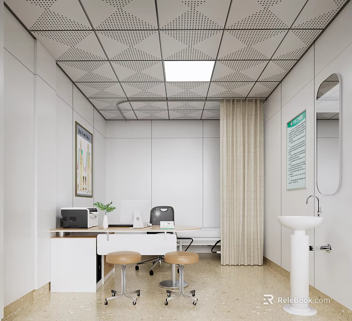 Modern Office Interior With Desk Chair Computer Wall Art Curtains And Sink 3d model 