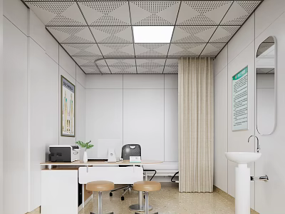 Modern Office Interior With Desk Chair Computer Wall Art Curtains And Sink 3d model