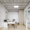 Modern Office Interior With Desk Chair Computer Wall Art Curtains And Sink