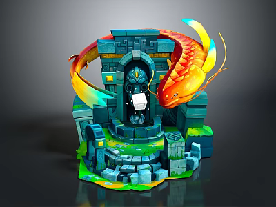 Magical Fantasy Architecture With Stone Blocks Archway Golden Koi Fish And Glowing Greenery 3d model