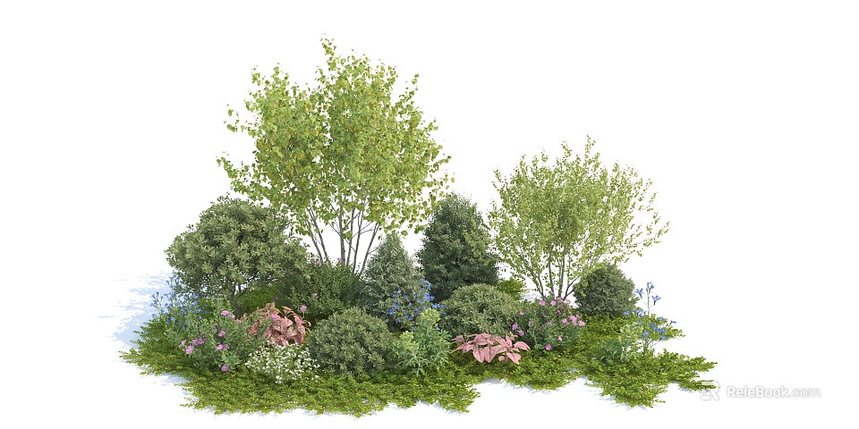 Diverse Garden Shrubs With Green Foliage Pink Flowers And Blue Blooms 3d model 