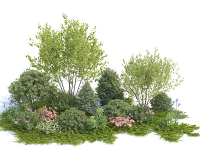 Diverse Garden Shrubs With Green Foliage Pink Flowers And Blue Blooms 3d model