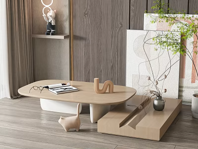 Modern Wooden Oval Coffee Table Interior With Books Glasses Green Plant And Cat Figurine 3d model