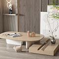 Modern Wooden Oval Coffee Table Interior With Books Glasses Green Plant And Cat Figurine