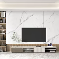 Modern TV Stand With Mounted TV On Marble Wall Side Bookshelf Decorations Green Plant And Rug
