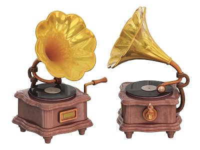 Vintage Entertainment Appliances Golden Horn Gramophones With Wooden Base And Vinyl Record 3d model