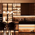 Elegant Modern Restaurant Kitchen Interior With Marble Island Cabinets And LED Lighting