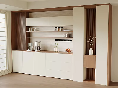 Modern White And Wood Sideboard With Storage Cabinets Open Shelves And Decorative Items 3d model