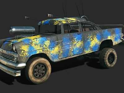 Vintage Pickup Truck Featuring Blue Yellow Splatter Paint And Large Off Road Tires 3d model