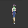 Woman In Light Blue Cheongsam Top And Blue Skirt With Black High Heels Standing