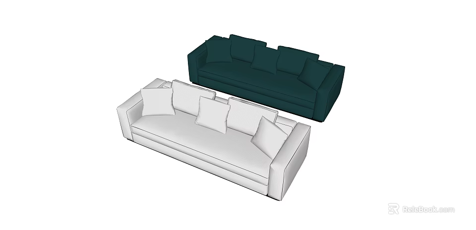 White And Dark Green Multi Person Sofa With Plush Cushions For Living Room 3d model 