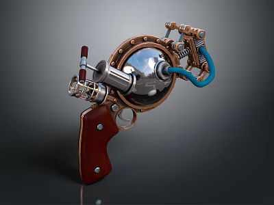 Steampunk Style Pistol Weapon With Wooden Grip Metallic Components Brass Accents And Blue Pipes 3d model