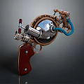 Steampunk Style Pistol Weapon With Wooden Grip Metallic Components Brass Accents And Blue Pipes