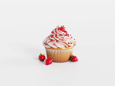 Delicious Cupcake with Pink Frosting and Fresh Strawberries on White Background 3d model