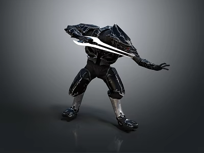 Dynamic Armored Warrior Character With Glowing Sword In Black Armor Battle Stance 3d model