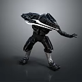Dynamic Armored Warrior Character With Glowing Sword In Black Armor Battle Stance