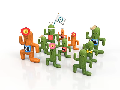 Cartoon Cacti Characters With Number Tags Hats Flowers And Flag Sign In Race Event 3d model