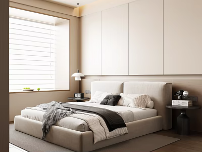 Modern Minimalist Bedroom Interior With Beige Upholstered Bed Nightstand Table Lamp And Window Blinds 3d model