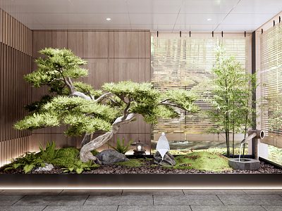 New Chinese style landscape sketch Zen style courtyard landscape sketch interior landscape landscaping plant landscape withered landscape bamboo curtain pine fern model