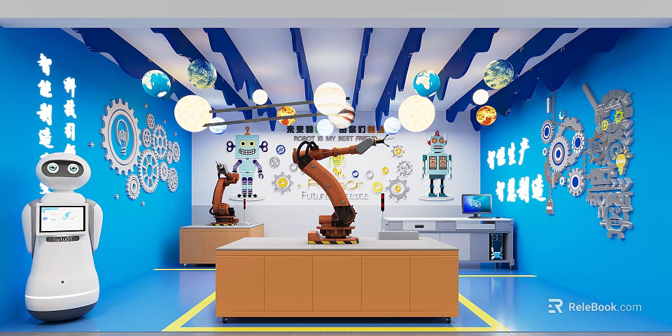 Innovative Tech Classroom With Blue Walls Gear Decorations Globe Lights And Robot Arms 3d model 