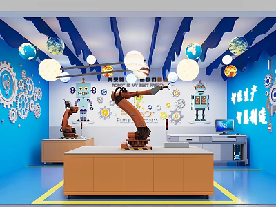 Innovative Tech Classroom With Blue Walls Gear Decorations Globe Lights And Robot Arms 3d model
