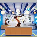 Innovative Tech Classroom With Blue Walls Gear Decorations Globe Lights And Robot Arms