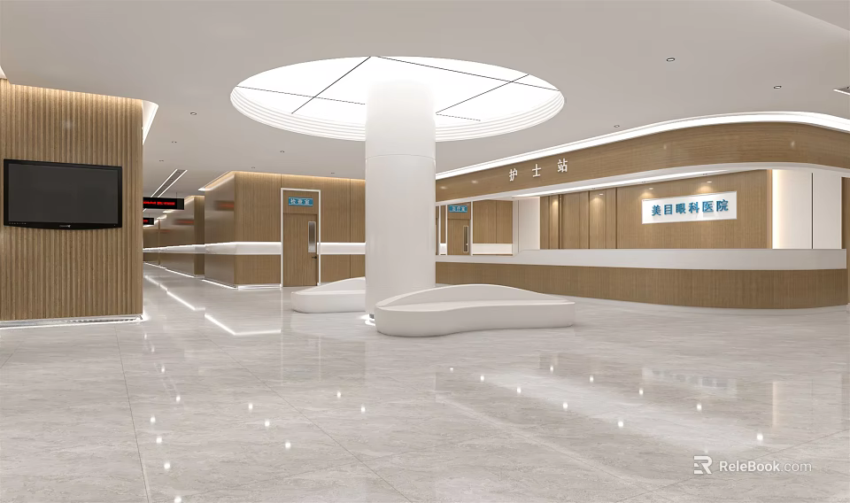 Modern Hall Interior Featuring White Circular Ceiling Pillar And Wooden Reception Counter 3d model