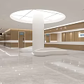 Modern Hall Interior Featuring White Circular Ceiling Pillar And Wooden Reception Counter 3d model