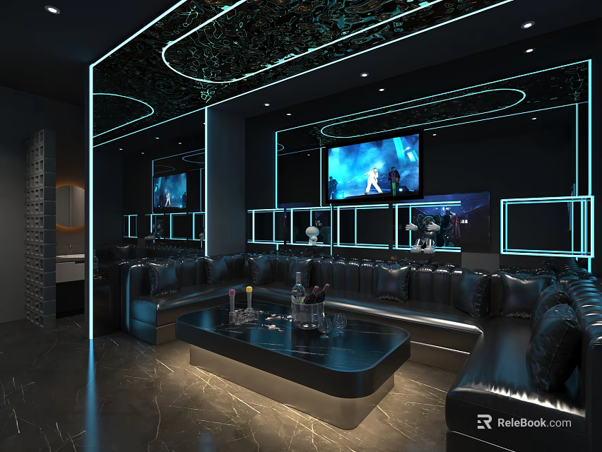 Modern KTV Room Interior With Neon Lights Black Leather Sofa And Large TV 3d model 