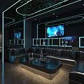 Modern KTV Room Interior With Neon Lights Black Leather Sofa And Large TV