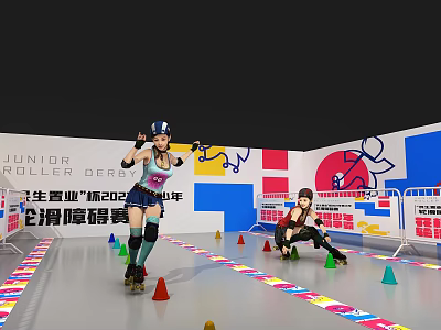 Young Athletes Engage in Junior Roller Skating Training with Cones on Indoor Court 3d model