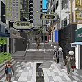 Vibrant Modern Commercial Street With Pedestrians Walking Traditional Signboards Stone Stairs And Greenery