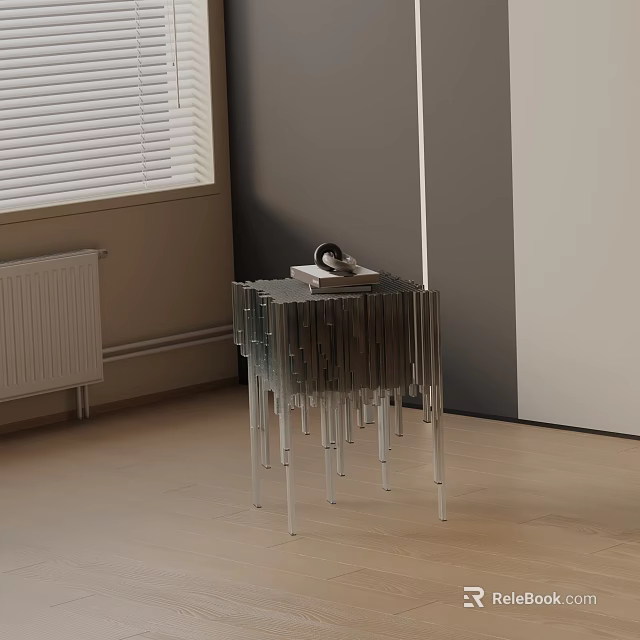 Modern Metallic Nightstand Design With Slender Metal Strips Wooden Floor And Window 3d model 