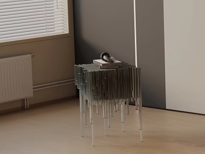 Modern Metallic Nightstand Design With Slender Metal Strips Wooden Floor And Window 3d model