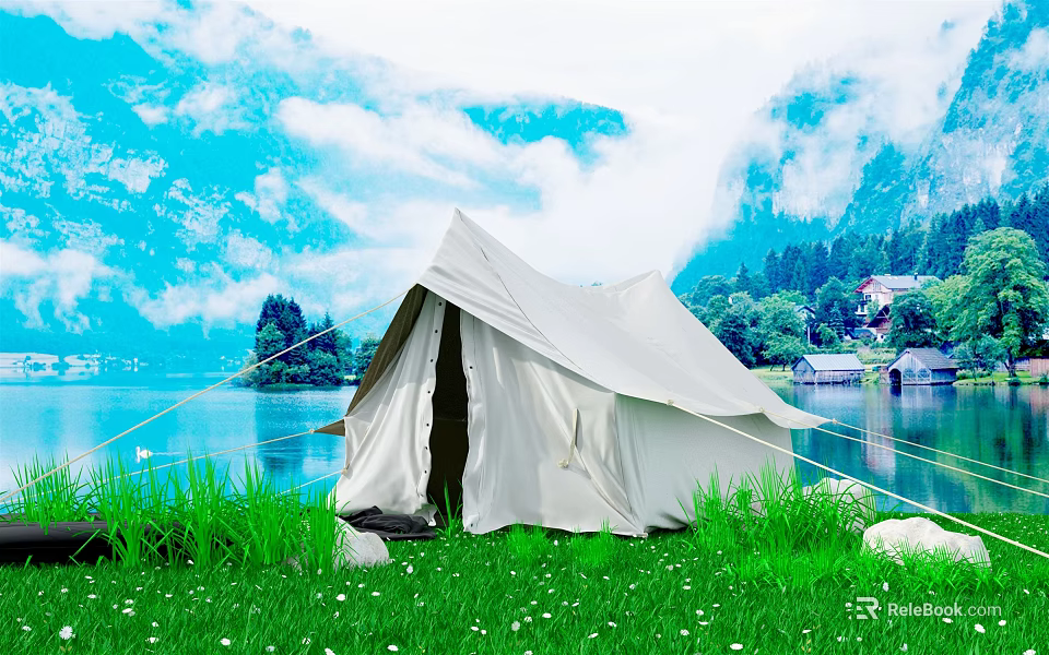 White Canvas Tent Set Up On Green Grass By Lake With Blue Sky And Mountains 3d model 