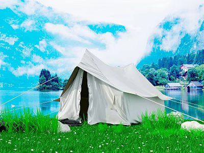 White Canvas Tent Set Up On Green Grass By Lake With Blue Sky And Mountains 3d model
